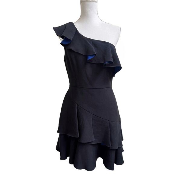 BCBG MAXAZRIA Calinda One Shoulder Ruffle Tiered Black Dress Sz 8 Cocktail Party - Picture 2 of 6